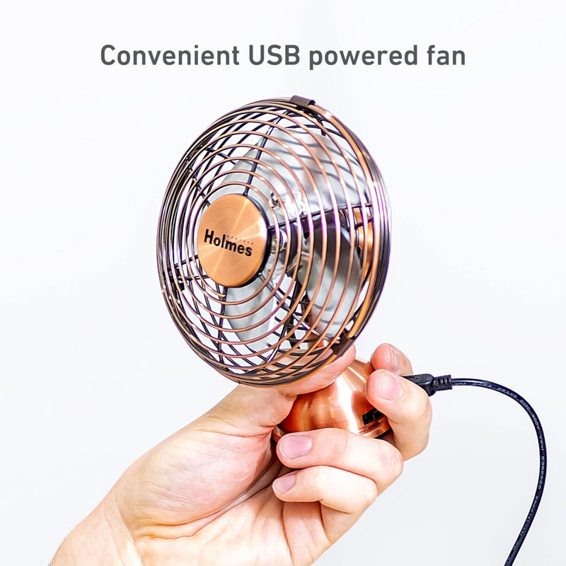 HOLMES 4" Mini Heritage Desk Fan, USB-Powered, Single Speed, 4 Blades, Adjustable 100Â° Head Tilt, Metal Construction, Ideal for Home, Dorm Rooms, Bedrooms, Office or Travel, Vintage Brushed Copper - Image 4
